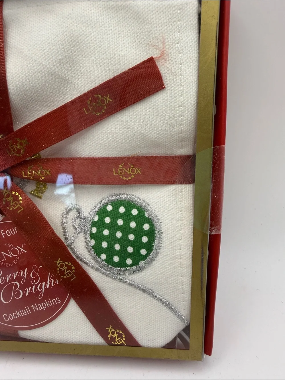 Lenox Merry & Bright White Cocktail Napkins - Red & Green Polka Dot 2 Sets of 4